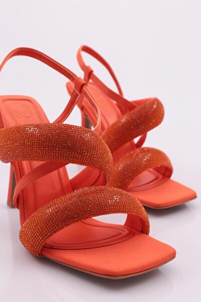 DGN Women's Thick Rows and Cross Straps Silver Stone Heeled Shoes Orange Satin 314333210