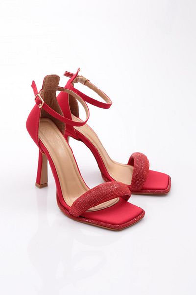 DGN Women's Silver Stone Banded Ankle Strap Closed Back Heeled Sandals Red Satin 313933210