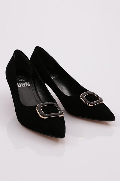 DGN Pantofi cu toc cu cataramă rotundă de damă din piele intoarsa neagra 6452621