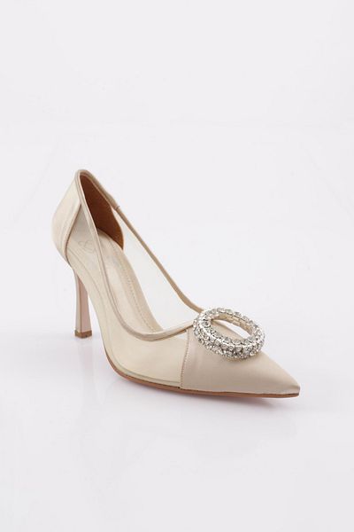 DGN Pantofi cu toc pentru femei din satin auriu, cu vârf ascuțit, cu cristale - 8819535