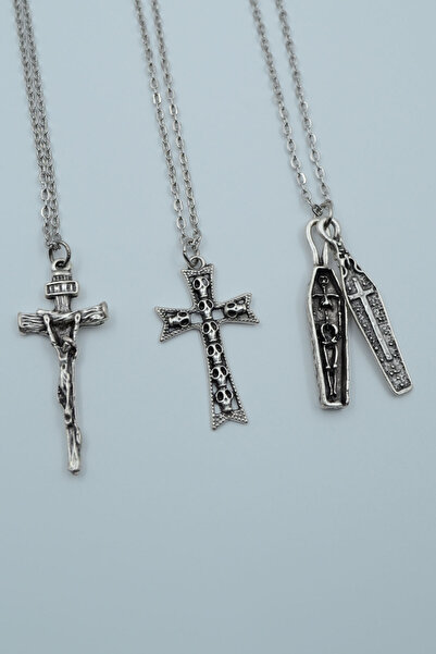 Had Safha 3'lü Hz. İsa Haç Kuru Kafa Tabut Gümüş Kaplama Unisex Düz Zincir Ko...