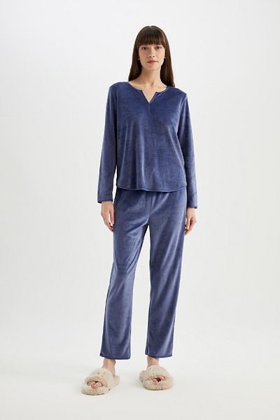 DeFacto V-Neck Velur Long Sleeve Pajama Set - Top Elastic Waist A3356Ax24Au
