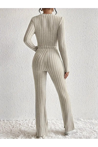 Wild Flower Beige Long Sleeve Round Neck High Waist Front Twist Bottom Top Set