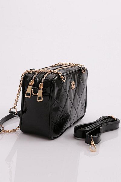 DGN Women's Double Eye Chain Bag Black Crinkled Patent Leather 1482856