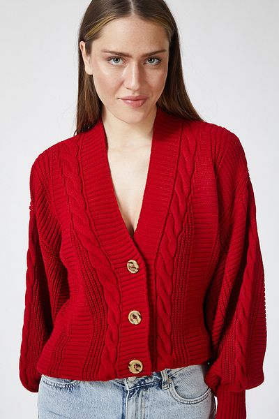 Lovelyİstanbul Red Loose Knitwear Cardigan - Braided and Balloon Sleeves Lza0011