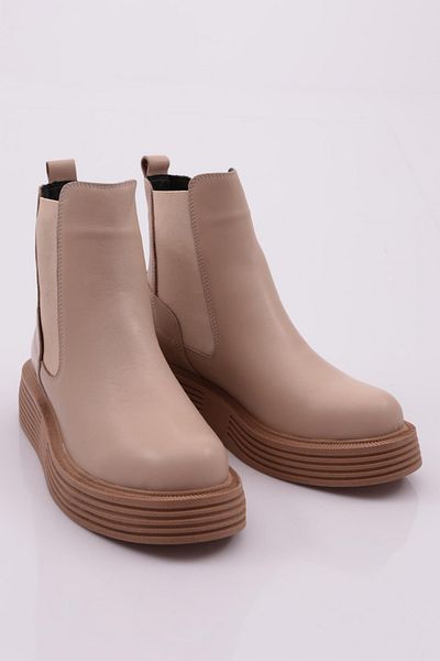DGN Women's Thick Sole Boots with Elastic Sides Beige Genuine Leather 33637883