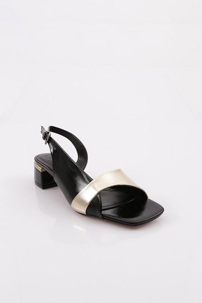 DGN Pantofi cu toc cu curea din spate cu vârf plat de damă, negru auriu metalic 42321033