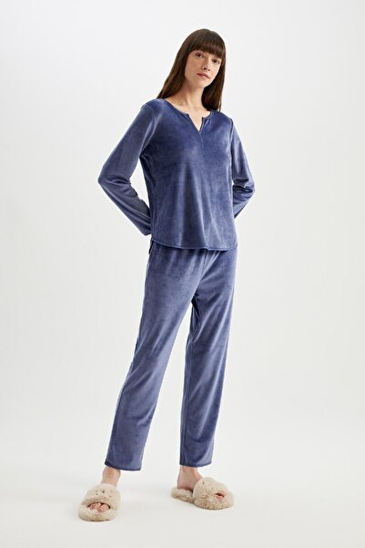 DeFacto Fall In Love Pijama Takım V Yaka Velur Uzun Kollu Üst Beli Lastikli Alt A3356ax24au