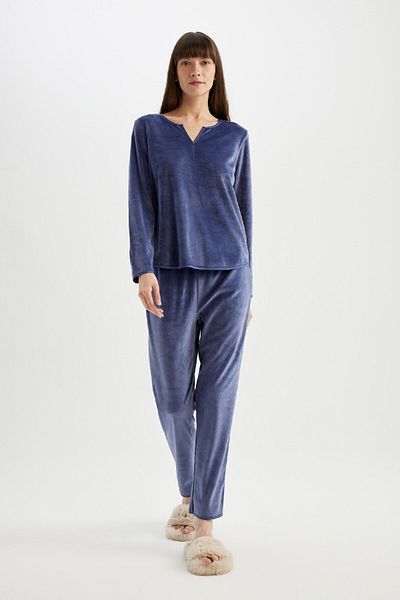 DeFacto V-Neck Velur Long Sleeve Pajama Set - Top Elastic Waist A3356Ax24Au
