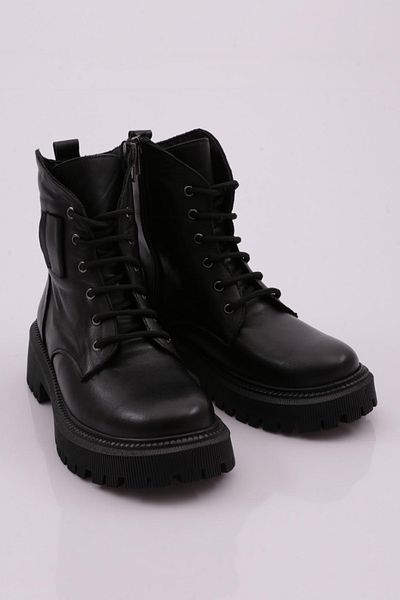 DGN Black Genuine Leather Women's Boots - Lace-Up