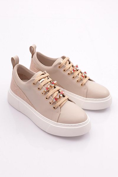 DGN Beige Women's Sneakers - Thick Color and Crystal Stone Detail 15299743118