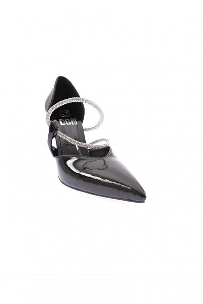 DGN Women's Pointed Toe Low-Cut Sides Open Stone Band Throw Heeled Shoes Black Patent Leather 8817535