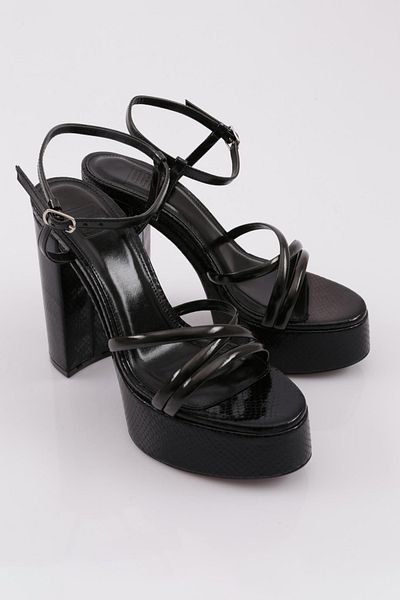 DGN Pantofi de damă cu curea la gleznă cu talpă groasă cu toc, negru, imprimat metalic 393236