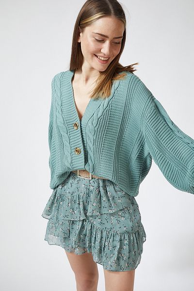 Lovelyİstanbul Green Casual Knitwear Cardigan - Balloon Sleeves and Braid Lza0011