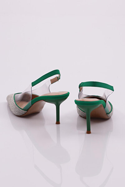 DGN Women's Front Stone Embroidered Open Back Heeled Shoes Pine Green Satin 288421085