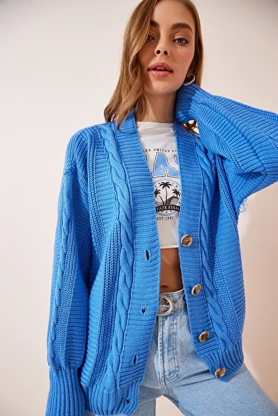 Lovelyİstanbul Cardigan de tricotaj largi albastru indigo - mâneci cu baloane, împletit LZA0011