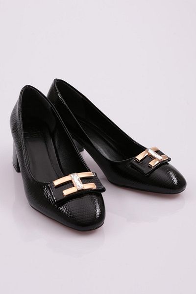 DGN Black Patent Leather Printed Women's Heeled Shoes - 34533539