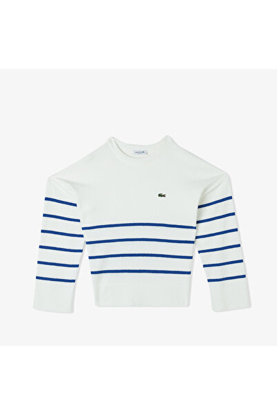 Lacoste Kadın Relaxed Fit Bisiklet Yaka Çizgili Beyaz Triko