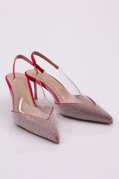 DGN Pantofi de damă cu toc cu spate deschis brodat cu piatră din satin roșu 288421085