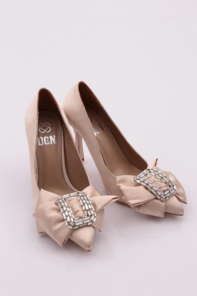 DGN Pantofi cu toc pentru femei din satin auriu - 4818535