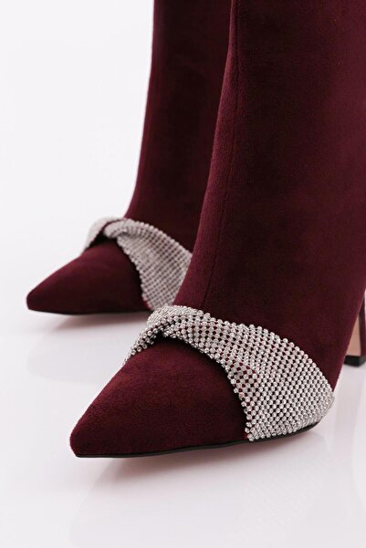 DGN Kadın Topuklu Bot Bordo Süet 4869535