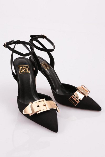 DGN Pantofi cu toc cu curele la gleznă cu cataramă de damă din satin negru mat 62742859