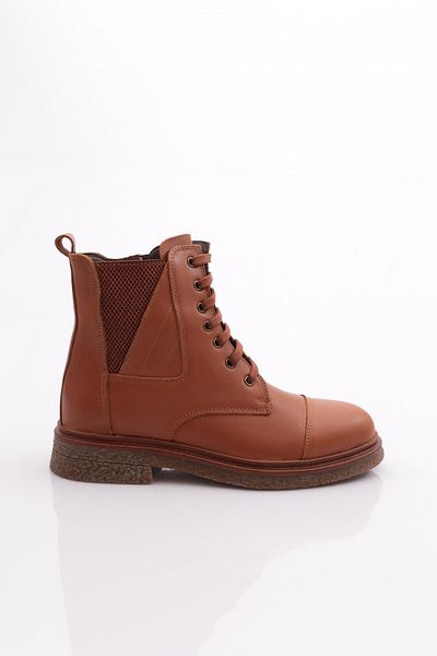 DGN Women's Side Elastic Lace up Boots Tan Genuine Leather 1681183217
