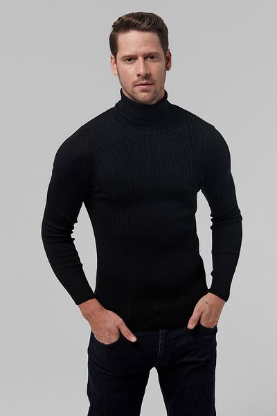 Twn Πλεκτό πουλόβερ Slim Fit Black Rib Knit Half Fisherman Wool