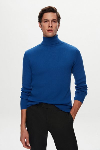 Twn Slim Fit Saks Blue Rib Tricotat Jumătate Lână Pescar Tricotat Pulover