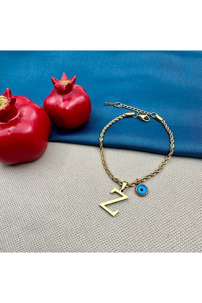 Opia Takı & Aksesuar Steel Twirl Chain Letter Evil Eye Beaded Gold Bracelet
