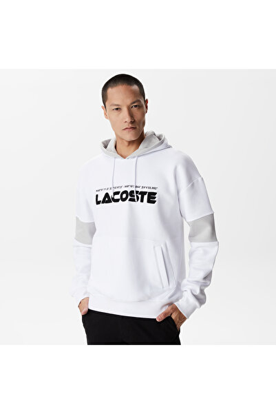 Lacoste Erkek Relaxed Fit Kapüşonlu Renk Bloklu Beyaz Sweatshirt