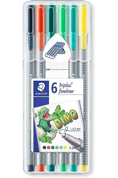 Staedtler Triplus Set of 6 0.3mm Triangle Fineliner Dino Pens / Sb6cs10