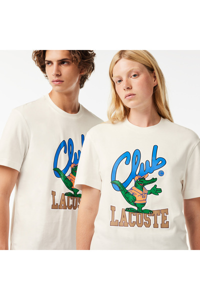 Lacoste Unisex Relaxed Fit Bisiklet Yaka Baskılı Beyaz T-Shirt