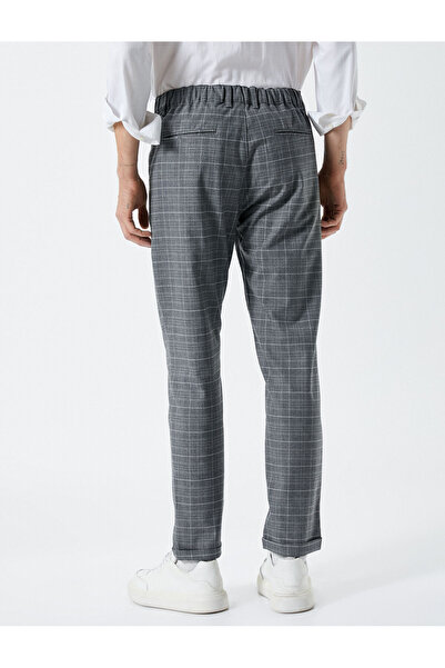Koton Fabric Trousers Plaid Elastic Waist Buttoned Slim Fit Pockets