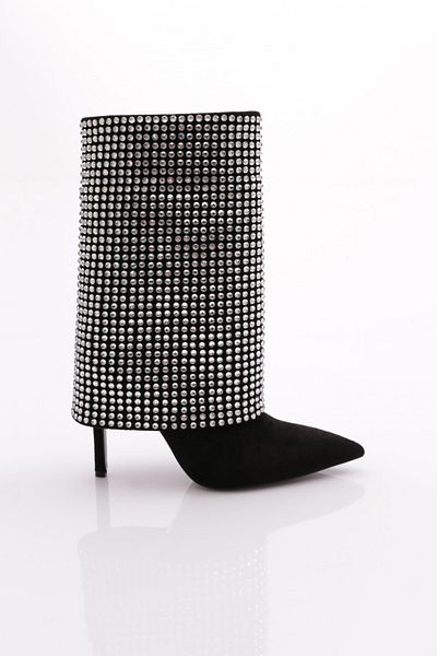 DGN 1127 Cizme cu toc brodate cu piatră pentru femei BLACK SUEDE SILVER STONE