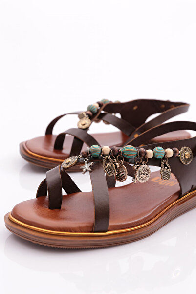 DGN Women's Side Bead Detailed Sandals Dark Brown 4163289