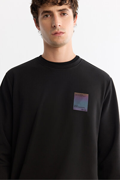 Avva Erkek Siyah Bisiklet Yaka Pamuklu Baskılı Elastan Regular Fit Sweatshirt A42Y1286
