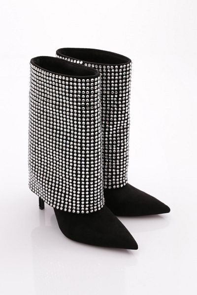 DGN 1127 Cizme cu toc brodate cu piatră pentru femei BLACK SUEDE SILVER STONE