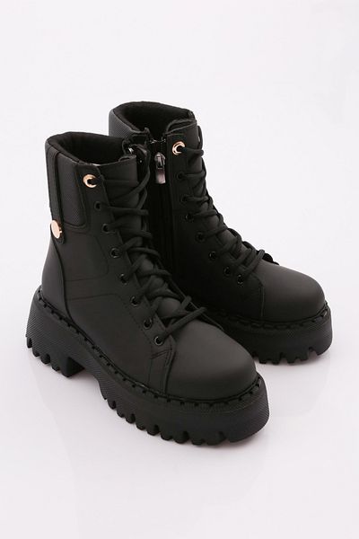 DGN Women's Thick Sole Lace up Boots Black Matte 12303121122372