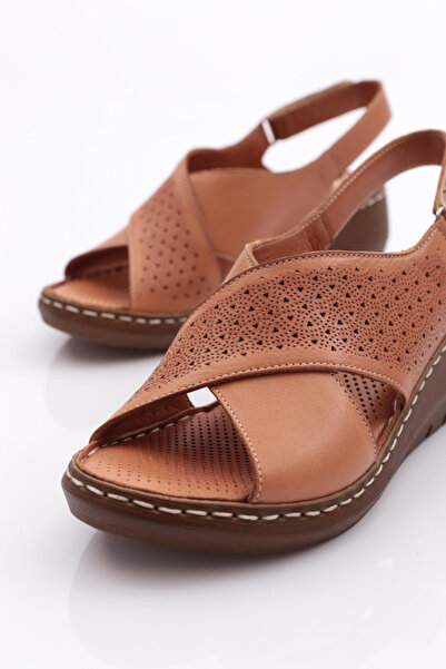 DGN Genuine Leather Tan Women's Sandals - Perforated and Chunky Heel 211135106