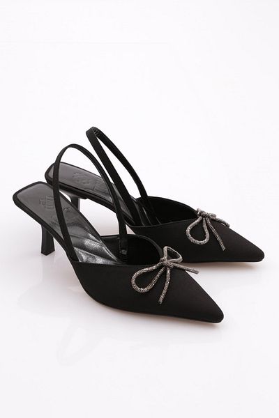 DGN Women's Ribbon Patterned Heeled Shoes Black Nubuck 410973378
