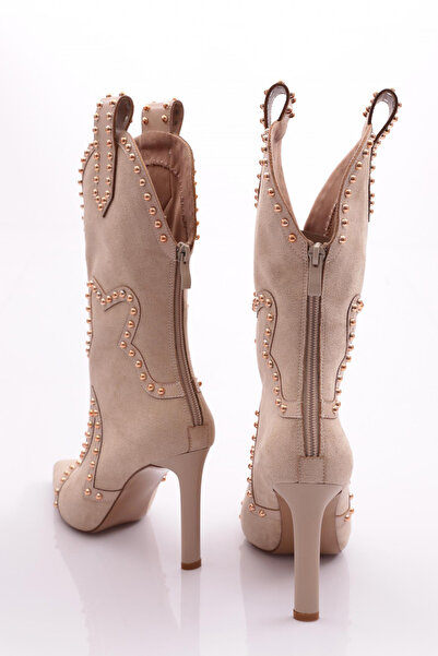 DGN Kadın Taş Işlemeli Topuklu Western Bot Bej Süet 63842859