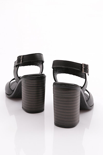 DGN Black Genuine Leather Women's Heeled Sandals - 241135108