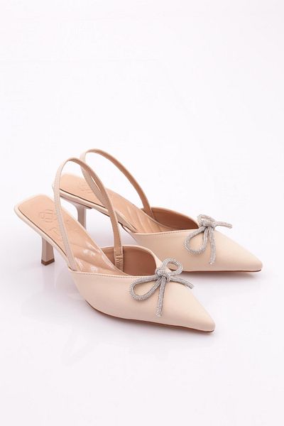 DGN Women's Ribbon Patterned Heeled Shoes Beige Nubuck 410973378
