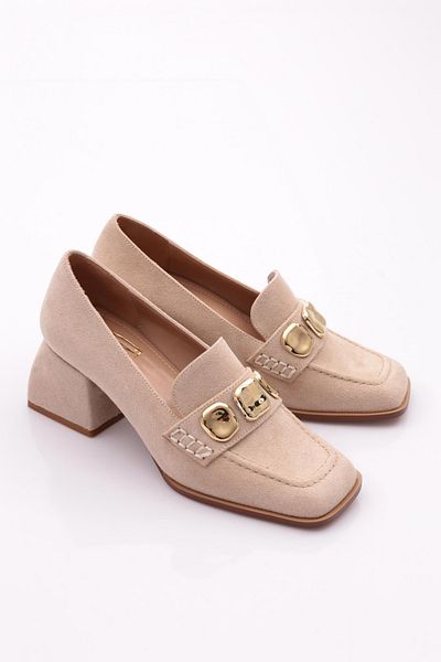 DGN Women's Front Stone Heeled Shoes Beige Suede 4762859
