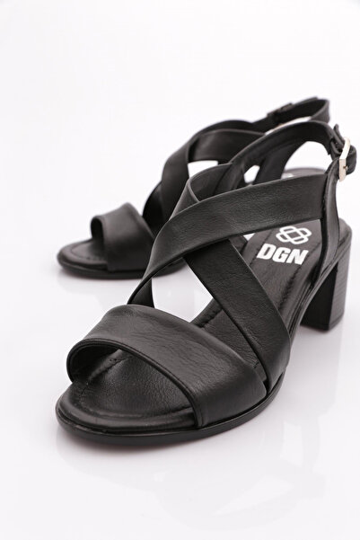 DGN Black Genuine Leather Women's Heeled Sandals - 26143294