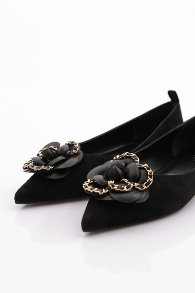 DGN Kadın Önü Gül Desenli Babet Siyah Dana 2873557