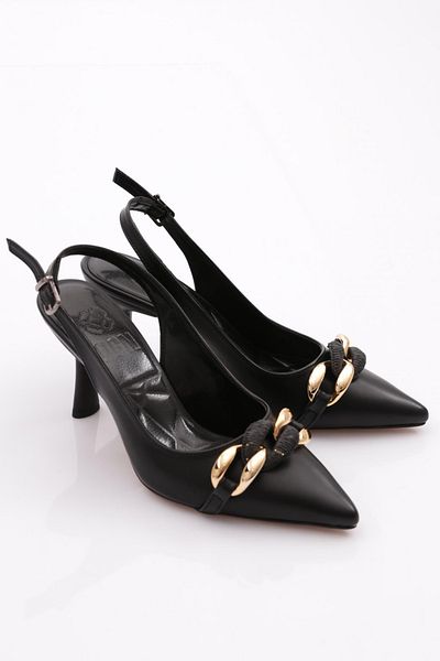 DGN Women's Thick Front Chain Pattern Heeled Shoes Black 52523378