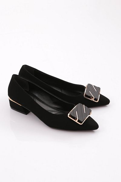 DGN Women's Square Buckle Heeled Shoes Black Velvet 79572534