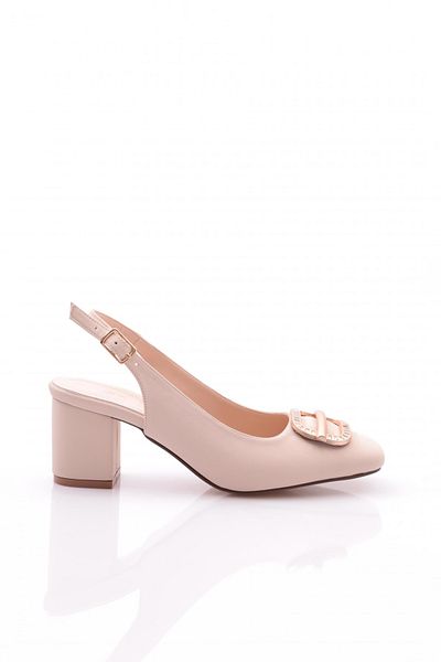 DGN Pantofi cu toc pentru damă, cu spatele deschis, cu accesorii metalice, nubuc bej 217722621